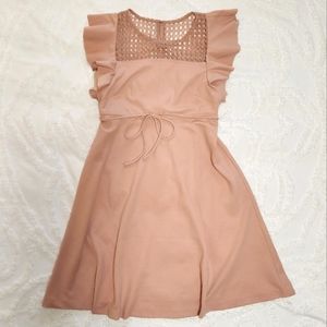 Motherhood Maternity Lace Yoke Flutter Sleeve Peach Dress